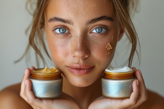 Close-up des mains d'une jeune femme âgée tenant deux bouteilles de différents produits cosmétiques pour le soin de la peau et comparant le choix de ce qui doit être appliqué isolé sur un fond gris vue avant prise horizontale