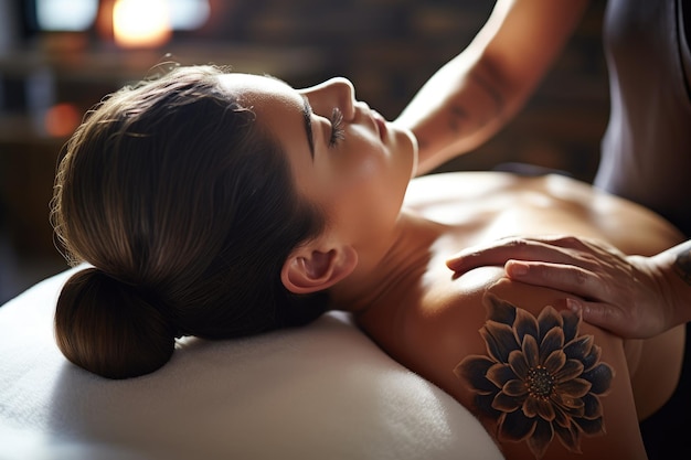 Close-up de mains de masseur massant le dos d'une femme dans un salon de spa Close-up d'une femme recevant un massage du dos au spa généré par l'IA