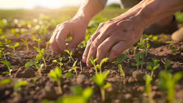 Close-up de mains nourrissant de jeunes plantes dans le sol. Scène de croissance, de soins et d'agriculture. Concept de nouvelle vie.
