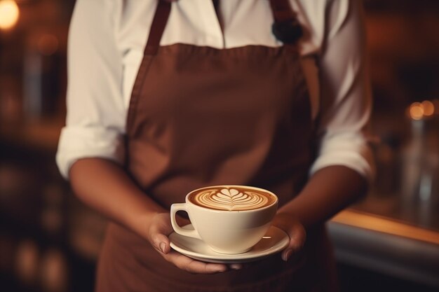 Close-up de mains de serveuses servant du café dans un café par Generative AI