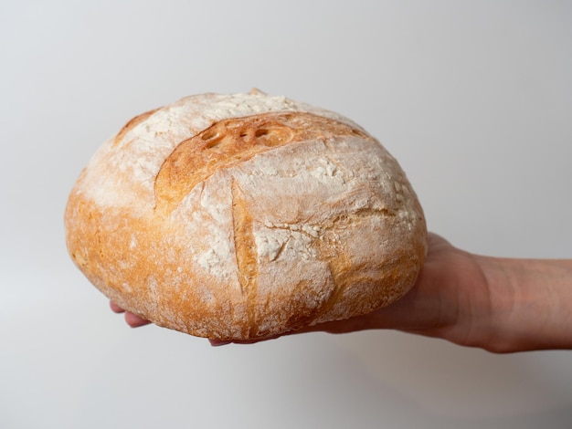 Photo close-up de mains tenant du pain de blé rond fraîchement cuit avec une croûte croustillante sur un fond blanc vue latérale