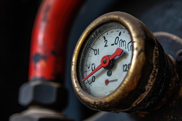 Photo close up d'un manomètre sur un manomètre de tuyau avec l'aiguille dans la zone rouge étiquetée comme inflation ai généré