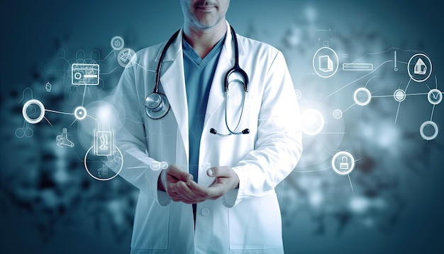 Close-up d'un médecin tenant une tablette avec des icônes médicales sur l'écran multimédia