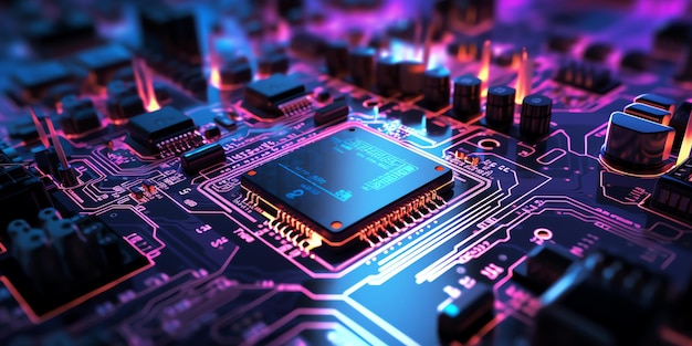 Close-up d'une micropuce sur une carte de circuit imprimé avec des composants électroniques avec éclairage au néon