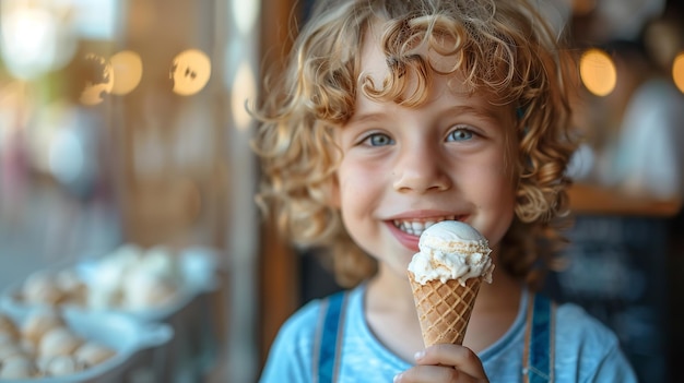 Close-up d'un mignon jeune enfant blond appréciant la crème glacée à l'extérieur sur un siège de parc contre un fond brumeux IA générative