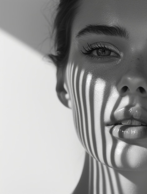 Close-up de la moitié du visage d'une belle femme en noir et blanc