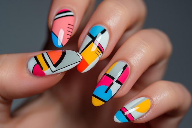 Close-up de motifs géométriques vibrants avec des formes et des lignes abstraites sur des ongles manicured