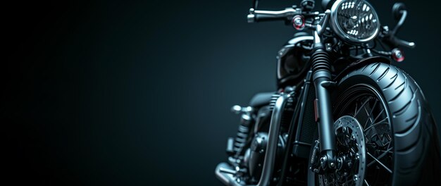 Photo close-up sur une moto noire sur une bannière de fond sombre pour copyspace