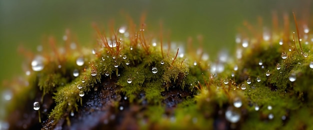 Photo close-up de mousse de sphagnum avec des gouttes de rosée vert fond large format profondeur de champ peu profonde.