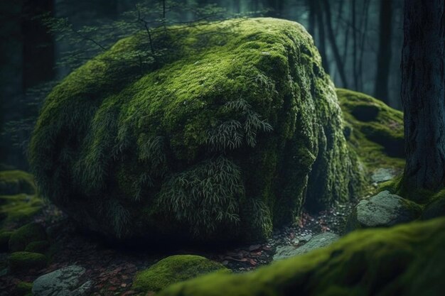 Close-up d'une mystérieuse roche recouverte de mousse dans la forêt créée avec l'AI générative