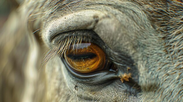 Close-up d'un œil de cheval avec de longs cils L'œil est de couleur brun foncé et regarde directement à la caméra