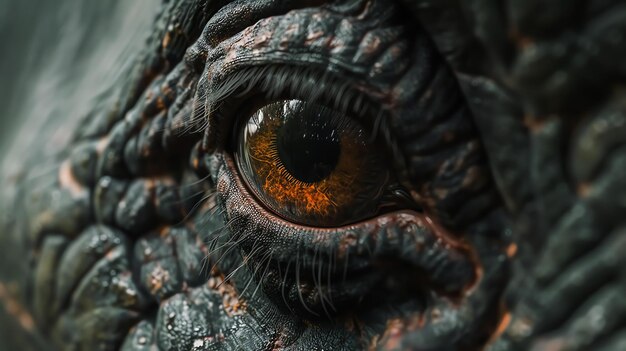 Close-up d'un œil de dinosaure L'œil est d'une couleur orange foncé avec une pupille noire La peau des dinosaures est de couleur gris foncé à la texture bosselée