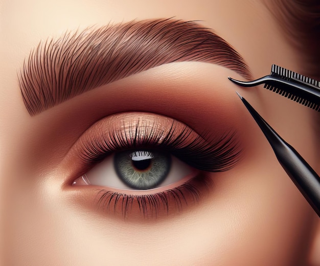 Close-up de l'œil d'une femme appliquant de faux cils avec des pincettes Profession de cils et de sourcils