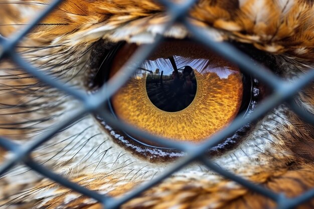 Photo close-up d'un œil de hibou au-delà des barres de la cage