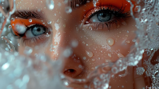 Close-up d'un œil humain entouré de gouttes d'eau Un œil avec des cils visibles Des gouttesd'eau brillent autour des yeux donnant un élément de fraîcheur et de pureté