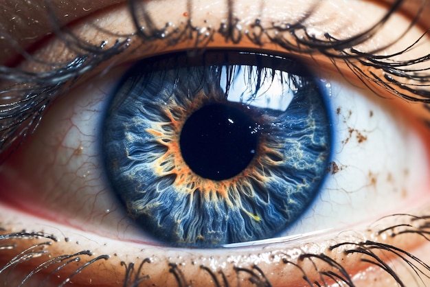 Close-up de l'œil d'iris bleu avec une IA générative