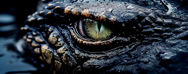 Close up de l'œil jaune ouvert d'un alligator en colère sauvage qui surveille la victime pour l'attaque en plein air