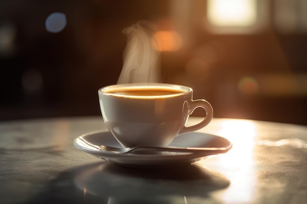 Close up of cap de café avec de la fumée sur la table