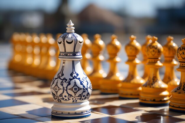 Photo close up of a chess board with pieces on it