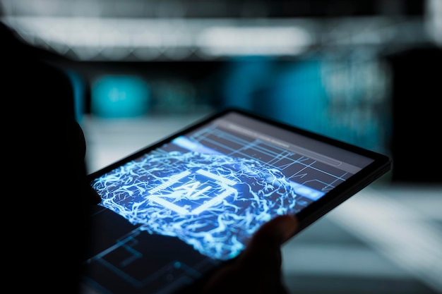 Close up of data center programmer using ai neural networks on tablet to troubleshoot backend