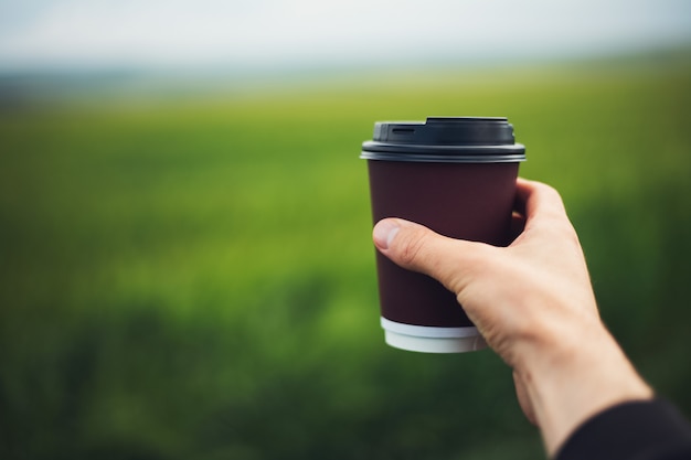 Close-up of male hand holding tasse à café en papier jetable sur fond d'herbe verte floue.