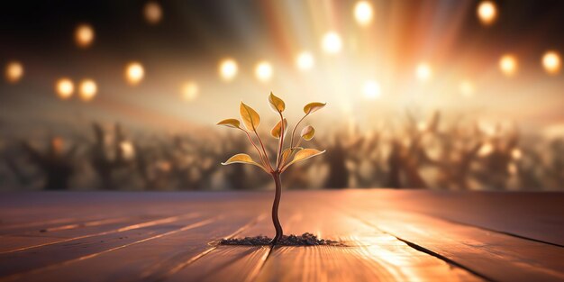 Photo close up of a seedling growing out of a wooden dance floor with dancers far off in the background an