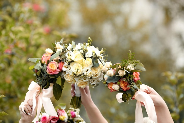 Close up of wedding bouquet de clôture en bois