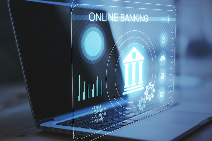 Photo close-up d'un ordinateur portable sur le bureau avec une interface lumineuse abstraite sur un fond flou banque en ligne concept de finance et de technologie internet double exposition