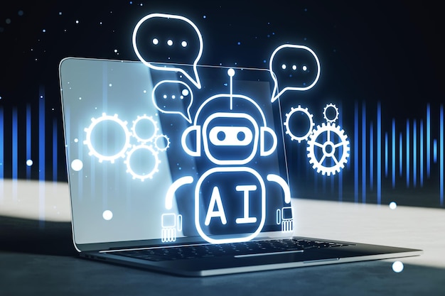 Close-up d'un ordinateur portable sur un bureau sombre avec du café et un robot brillant créatif ai hologramme sur un fond flou Apprentissage automatique et concept d'assistant de conversation Rendu 3D