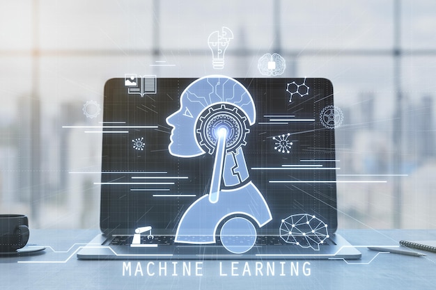 Close-up d'un ordinateur portable avec une tête de robot lumineuse et des icônes sur le bureau avec une tasse de café et une fenêtre floue avec une vue sur la ville en arrière-plan Chat GPT machine learning et AI concept 3D Rendering