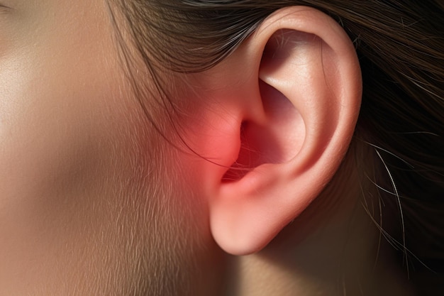 Close-up de l'oreille féminine et les détails des oreilles Problèmes et maladies auditives IA générative