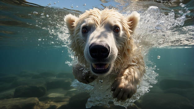 Photo close-up d'un ours polaire nageant sous l'eau en regardant la caméra