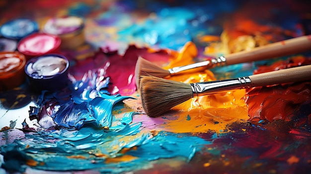 Close-up sur une palette d'artistes en désordre des éclaboussures de peinture mélangées avec des pinceaux d'art prêts à son bord