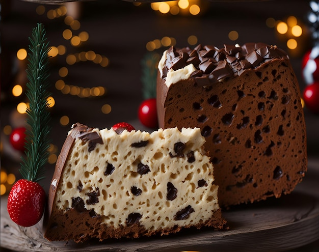 Close-up de panettone rempli de gouttes de chocolat généreuses parfait pour célébrer Noël avec indulgence généré par l'IA