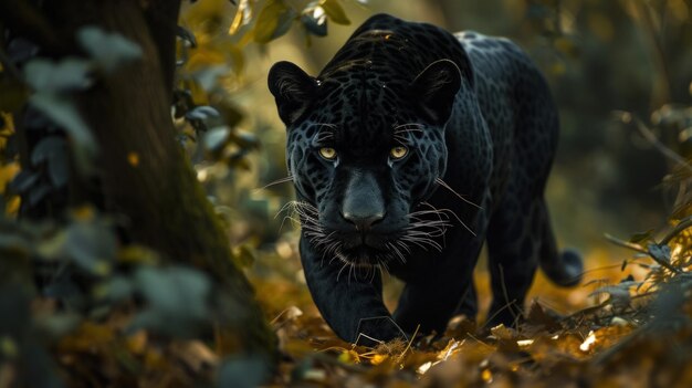 Photo close-up d'une panthère noire dans la jungle un jaguar noir marche à la poursuite de sa proie image générative d'ia