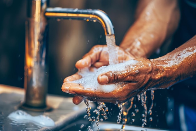 Close-up d'une personne dont les mains sont méticuleusement nettoyées avec du savon et de l'eau capturant l'essence de l'hygiène et des soins personnels