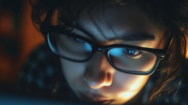 Close-up d'une personne avec des lunettes concentrées éclairées par une lueur douce