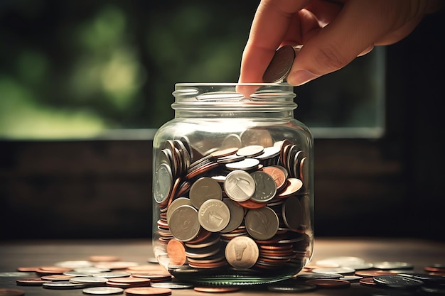 Close-up d'une personne mettant des pièces de monnaie dans un pot intitulé Épargnes pour la dette