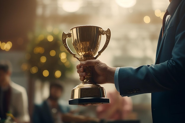 Close-up d'une personne recevant un trophée en tant qu'ai génératif