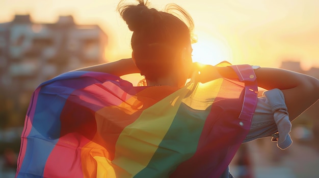 Photo close-up d'une personne transgenre ajustant son drapeau arc-en-ciel drapé autour de ses épaules flou