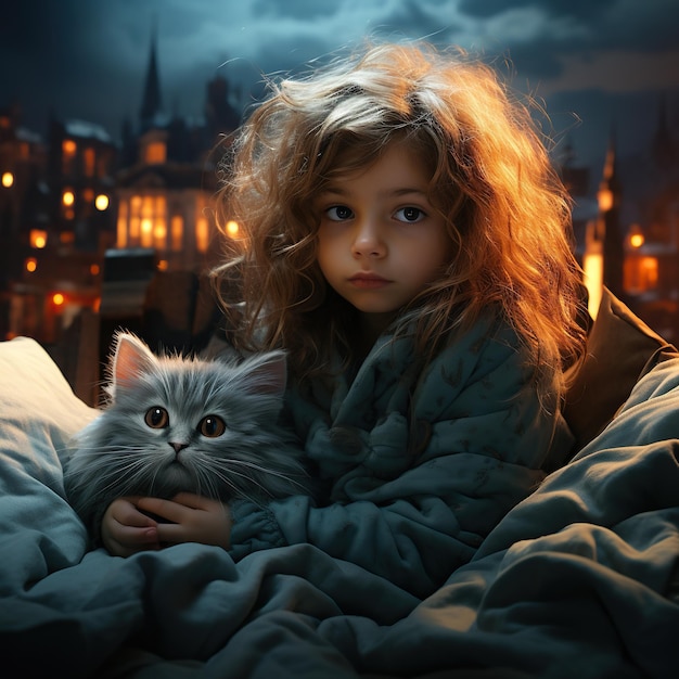Close-up d'une petite fille assise sur le lit avec un chaton AI générative