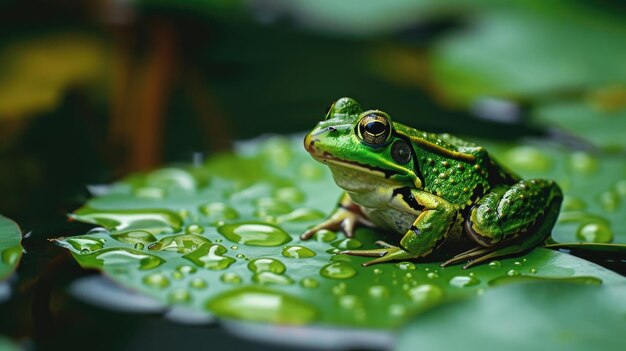 Close-up d'une petite grenouille verte vibrante perchée sur un lily pad ses yeux brillants regardant vers les sons