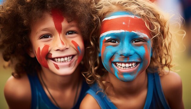 Close-up photo d'enfants souriants avec leurs visages peints dans la couleur du drapeau australien