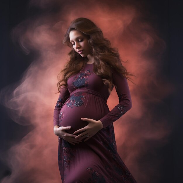 Close-up d'une photo d'une femme enceinte souriante réalisée avec une IA générative