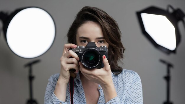 Close-up d'une photographe tenant une caméra dans un studio photo