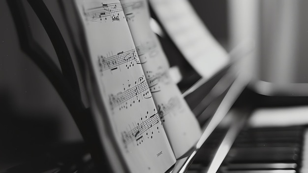 Photo close-up d'un piano avec des partitions sur un support la musique est floue donc l'accent est mis sur les touches du piano l'image est en noir et blanc