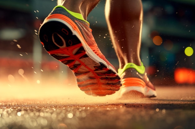 Close up des pieds du coureur frappant la piste capturant la puissance et la vitesse