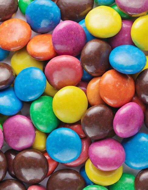 Photo close-up d'une pile de bonbons recouverts de chocolat coloré arrière-plan de bonbons