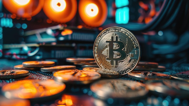 Photo close-up d'une pile de pièces de bitcoin avec une plate-forme d'extraction de crypto-monnaie floue en arrière-plan