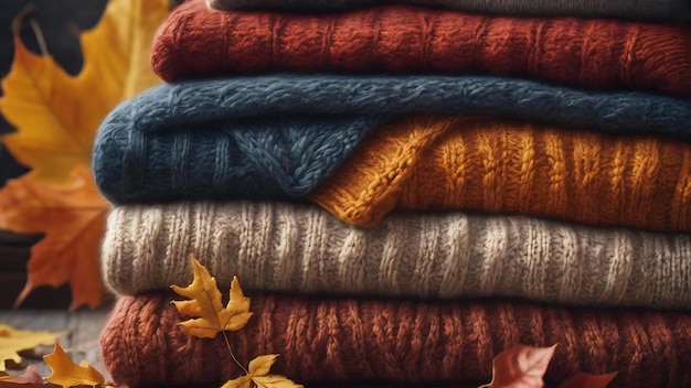 Close-up d'une pile de pulls tricotés avec des feuilles d'automne